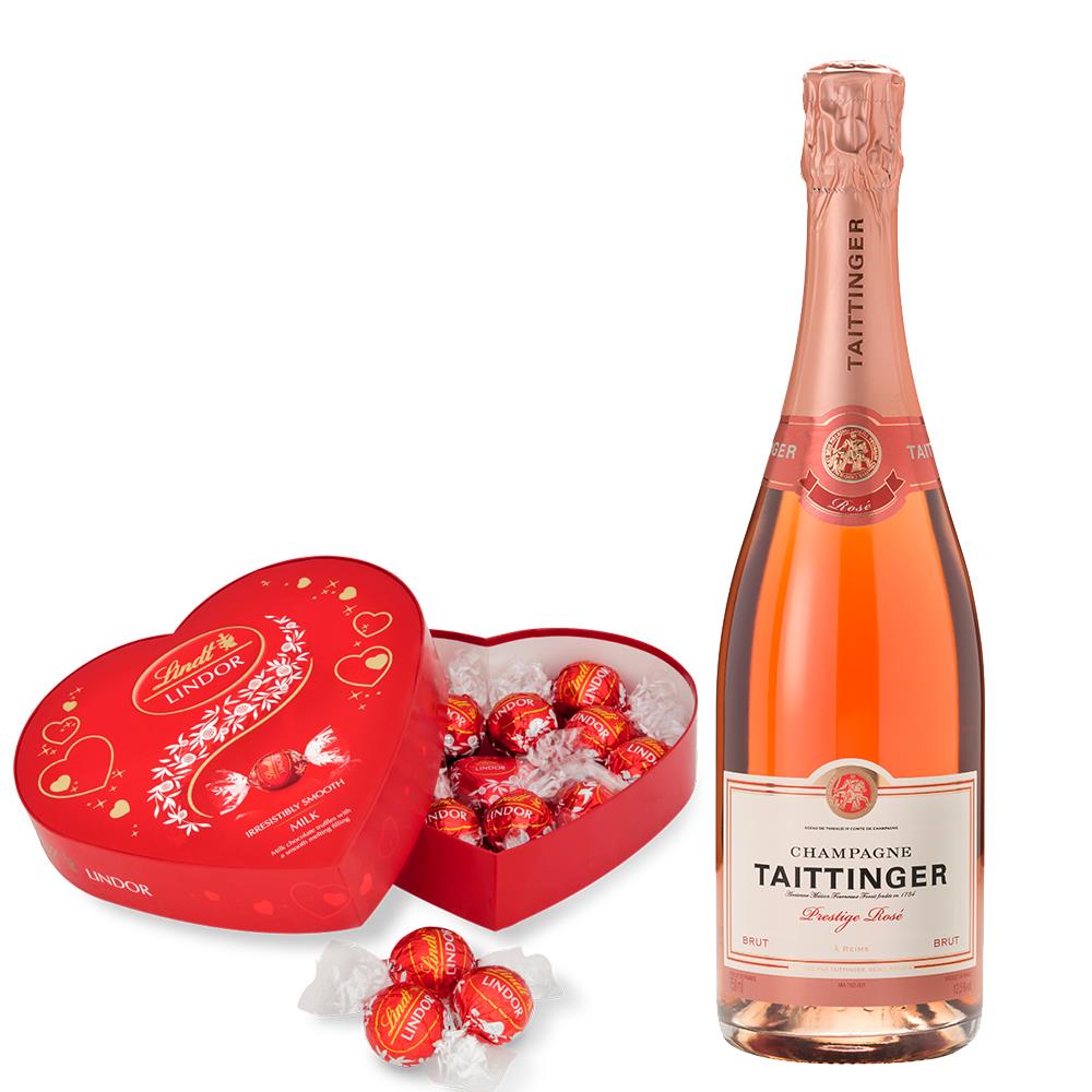Taittinger Rose Champagne 75cl And Lindt Lindor Armour Heart Milk Truffle Box 160g